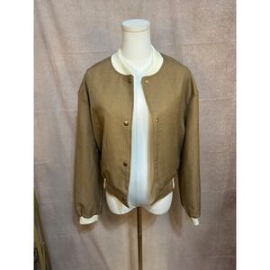 Hyfve Womens Camel Tan Varsity Bomber Jacket Cream Trim Snap Front  M HF24C007